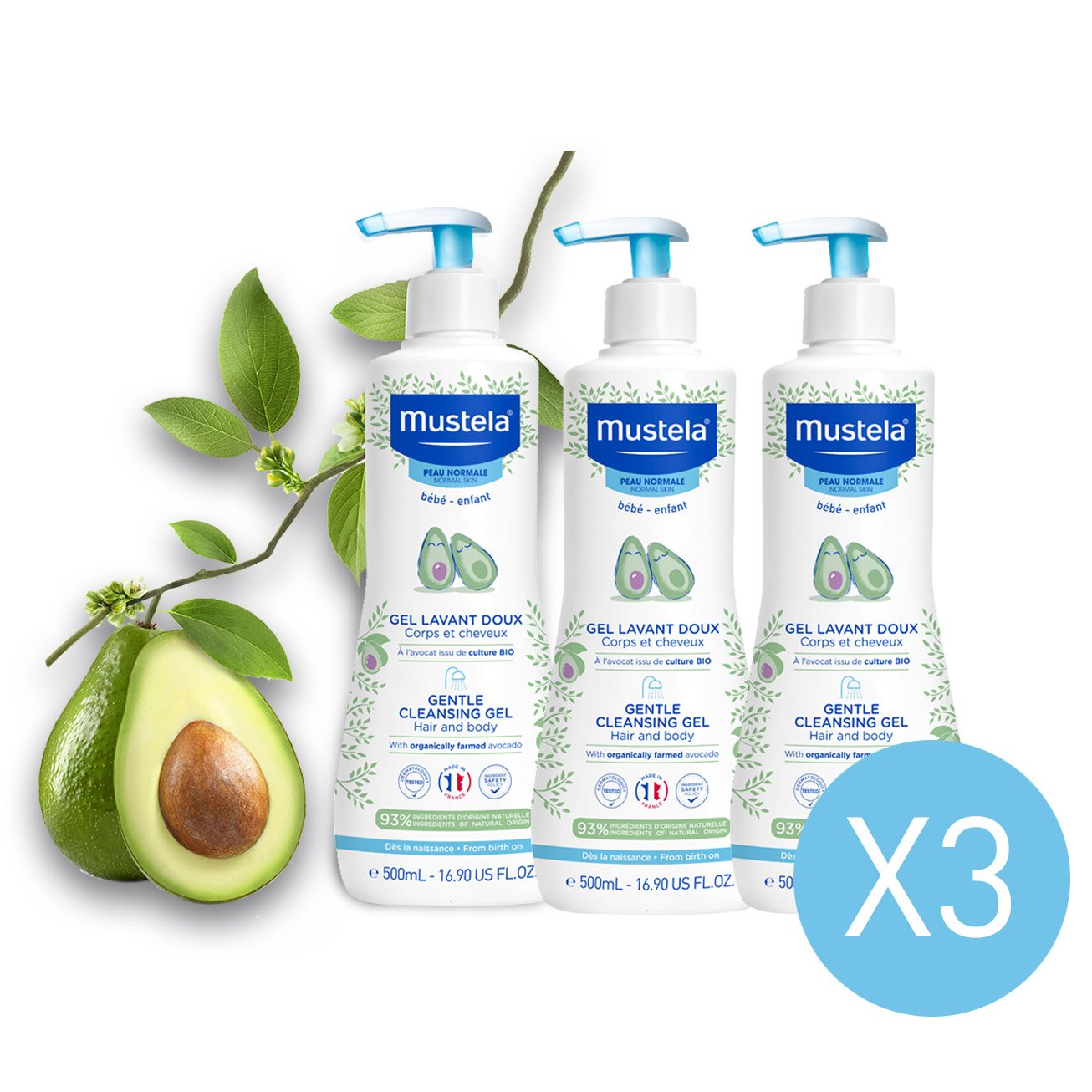 MUSTELA DERMO-CLEANSING GEL FOR HAIR & BODY 500ML X3